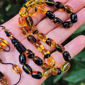 Vip Kehribar 8X11 mm Ali Agiş Usta Işçilikli Sarı Siyah Ateşi Kehribar Tesbih - Şeffaf Delim Tespih