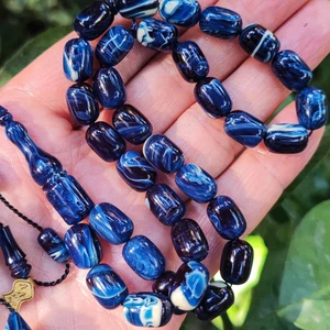 Vip Kehribar 8X11 mm Ali Agiş Usta Işçilikli Mavi Beyaz Sıkma Kehribar Tesbih - Şeffaf Delim Tespih