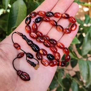 Vip Kehribar 8X11 mm Ali Agiş Usta Karamel Rengi Simli Sıkma Kehribar Tesbih - Şeffaf Delim Tespih