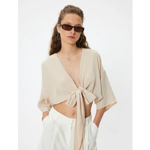 Crop Üst V Yaka Bağlama Detaylı Oversize Kimono Kol