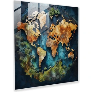 Havadan Dünya Haritası Cam Baskı - Dünya Haritası, Cam Sanatı, Ev Dekorasyonu, Duvar Dekorasyonu, 30 x 30 cm