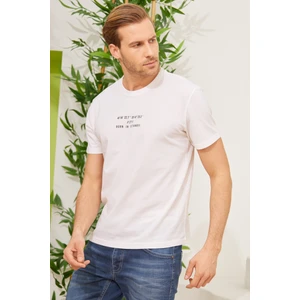Erkek Bisiklet Yaka Baskılı Rahat Kalıp Tişört Beyaz