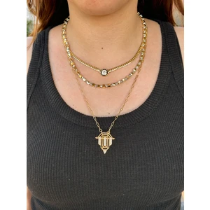 Mi Brillo Accessories Serenay 3lü Kolye Seti ( Ince Hasır, Gold Kare Dorika, Büyük Taşlı Halkalı Şövalye)