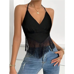 Bella Notte Kadın Siyah Püsküllü Crop Bluz