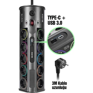 Swapp 3m Kablolu SP10AF 3m 1860 Joule 1.5 mm 1 USB 1 Type-C 2.1A/5V 16A 250V 3680W 10'lu Akım Korumalı Priz