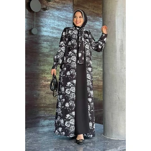 Bym Fashion Boyun Bağcıklı Çiçek Desenli Abayalı Elbise Takım 3907 Siyah