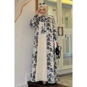 Bym Fashion Boyun Bağcıklı Çiçek Desenli Abayalı Elbise Takım 3907 Taş