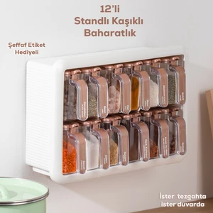 1119 12 li Standlı Kendinden Yapışkanlı Kaşıklı Kapaklı Baharatlık Saklama Kabı Seti - Beyaz Gold