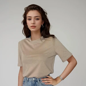Bej  Omzu Vatkalı Kadın T-Shirt, Pamuklu Penye