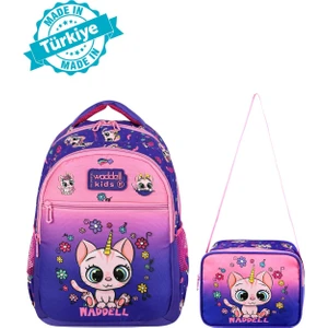 Lisanslı Mor Pembe Kedi Desenli Ilkokul Kız Çocuk Sırt Çantası ve Beslenme Çantası