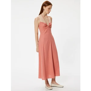 Uzun Keten Elbise Askılı Boyundan Bağlama Detaylı