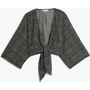 Crop Hırka Bürümcük Bağlama Detaylı V Yaka Yarasa Kol