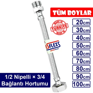 ASFLEXS 1/2 Nipelli×3/4 Paslanmaz Çelik Flex Hortum Bağlantı Hortumu (20 cm)