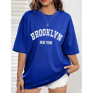 Büyük Beden Kadın Saks Mavi Brooklyn Baskılı Yazlık Tarz Rahat Kalıp  T-Shırt
