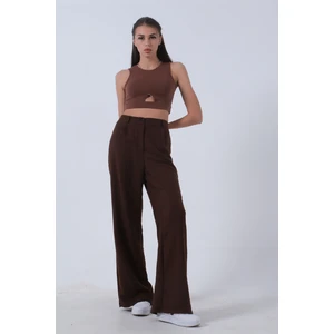 Kahve Yüksek Bel Bol Paça Keten Pantolon 01020661.05