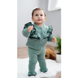 Meriç Bebe Kız Bebek Fırfır Detaylı Hırkalı Pantolonlu 2'li Triko Takım