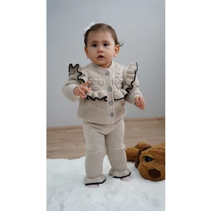 Meriç Bebe Kız Bebek Fırfır Detaylı Hırkalı Pantolonlu 2'li Triko Takım