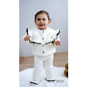 Meriç Bebe Kız Bebek Fırfır Detaylı Hırkalı Pantolonlu 2'li Triko Takım