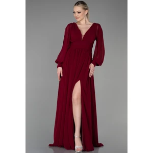 Uzun Kol Bacak Dekolteli Şifon Abiye Elbise ABU1702