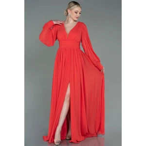 Uzun Kol Bacak Dekolteli Şifon Abiye Elbise ABU1702