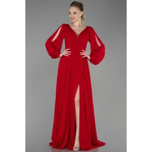 Uzun Kol Bacak Dekolteli Şifon Abiye Elbise ABU1702