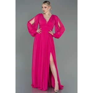 Uzun Kol Bacak Dekolteli Şifon Abiye Elbise ABU1702