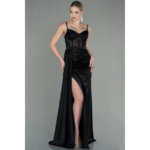 Transparan Taşlı Uzun Saten Abiye Elbise ABU2130