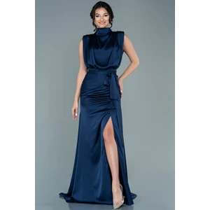 Dik Yaka Kolsuz Uzun Saten Abiye Elbise ABU2133