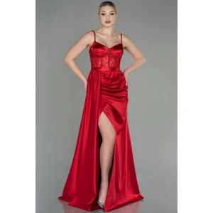 Transparan Taşlı Uzun Saten Abiye Elbise ABU2130