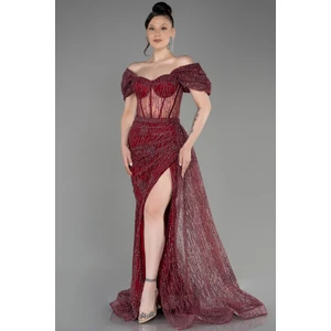 Kayık Yaka Yırtmaçlı Uzun Simli Abiye ABU2706