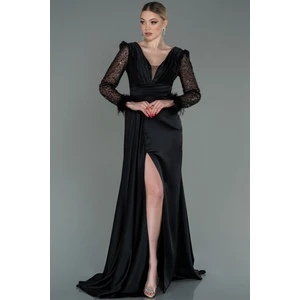 Pullu Uzun Kol Yırtmaçlı Saten Abiye ABU3080