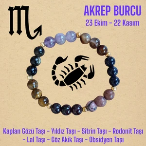 Mga Doğaltaş Akrep Burcu Bilekliği (Kaplan Gözü Taşı, Sitrin Taşı, Rodonit, Yıldız, Lal Taşı, Obsidyen, Akik Taş)