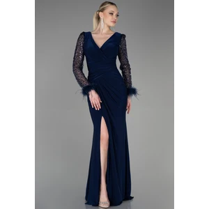 Pullu Uzun Kol Yırtmaçlı Abiye Elbise ABU3008