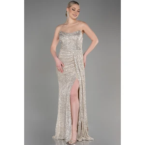 Straplez Bacak Dekolteli Uzun Pullu Abiye ABU3134