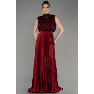 Üstü Pullu Ateş Pile Uzun Saten Abiye ABU3326