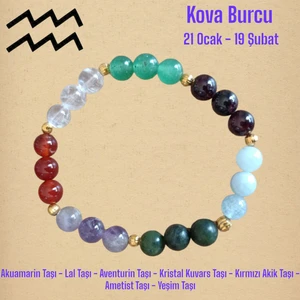 Mga Doğaltaş Kova Burcu Bilekliği (Ay Taşı, Ametist, Akuamarin Taşı, Lal Taşı, Aventurin, Kristal Kuvars, Yeşim)