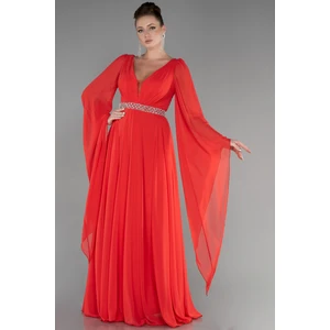 Uzun Şal Kol V Yaka Şifon Abiye Elbise ABU3541