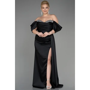 Kayık Yaka Yırtmaçlı Uzun Saten Büyük Beden Abiye ABU3655