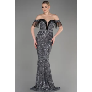 Taşlı Kayık Yaka Uzun Pul Payet Abiye ABU3783