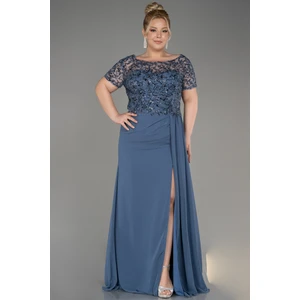 Kısa Kol Üstü Işlemeli Uzun Büyük Beden Abiye ABU3731