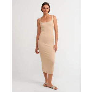 91172 Askılı Kare Yaka Midi Elbise-Açık Bej