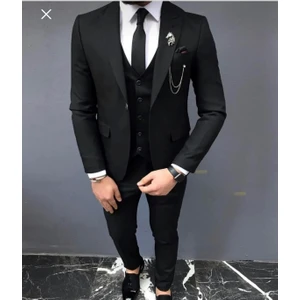 Yelekli Erkek Takım Elbise Siyah