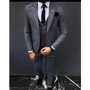 Yelekli Erkek Takım Elbise Fume Grı