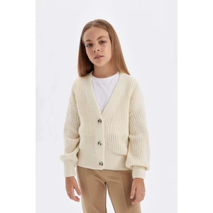 Kız Çocuk Triko Basic Düz Düğmeli Ekru V Yaka Hırka A2298A824AU