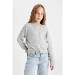 Kız Çocuk Gri Bisiklet Yaka Basic Düz Triko Kazak C9554A824AU