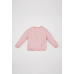 Kız Bebek Açık Pembe Bisiklet Yaka Örgü Desenli Triko Kazak D0354A524AU