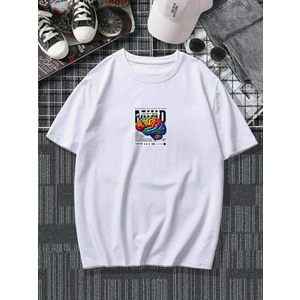 Oversize Baskılı  Beyaz Renk Salaş T-Shirt %100 Pamuk