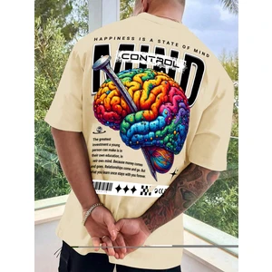 Oversize Baskılı  Bej Renk Salaş T-Shirt %100 Pamuk