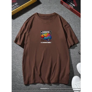 Oversize Baskılı  Kahverengi Renk Salaş T-Shirt %100 Pamuk