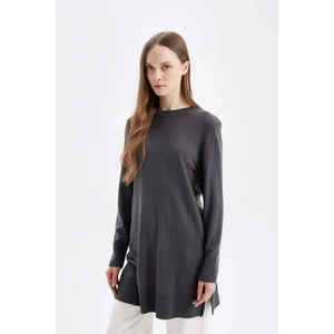 Regular Fit Bisiklet Yaka Yırtmaçlı Basic Düz Triko Kazak Tunik H3431AZ24AU